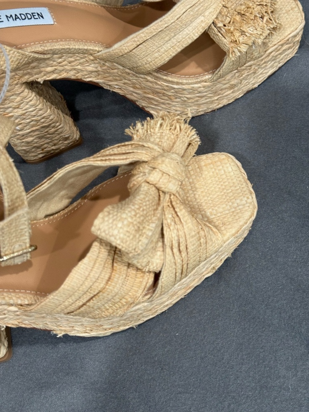 Steve Madden Romey Raffia Platform Sandals Tan Fringed Bow Block Heel Women’s 10 - Picture 7 of 9